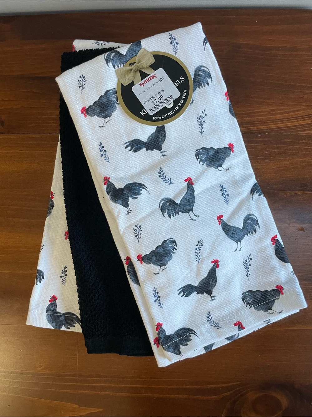 New T.J.Maxx Black & White Rooster Print Kitchen Towels